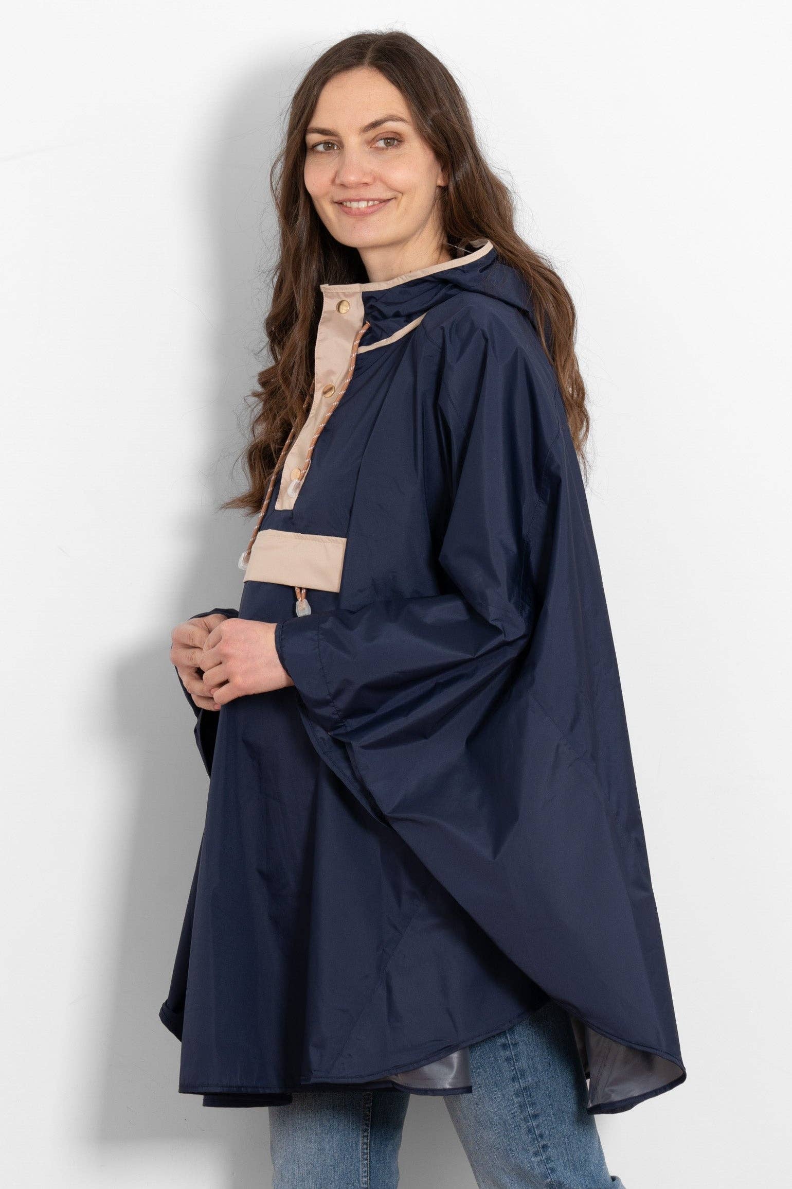 Sarta - Wholesale Poncho - Women's - Aspen Rain Poncho - Navy Blue/Stone2