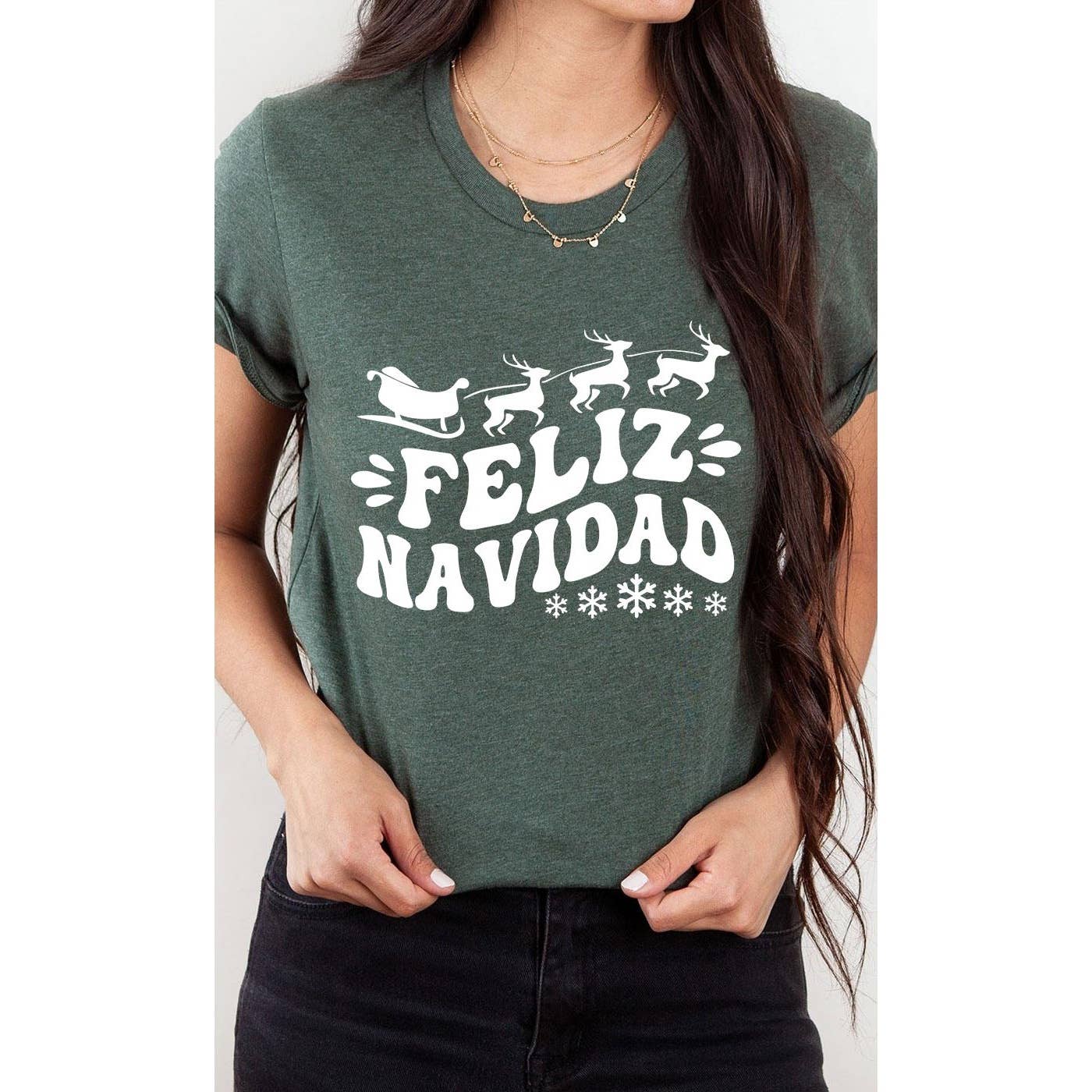 Kissed Apparel - Wholesale Screen Printed T-Shirt - Women's - Sleigh and Reindeer Feliz Navidad Graphic Tee7