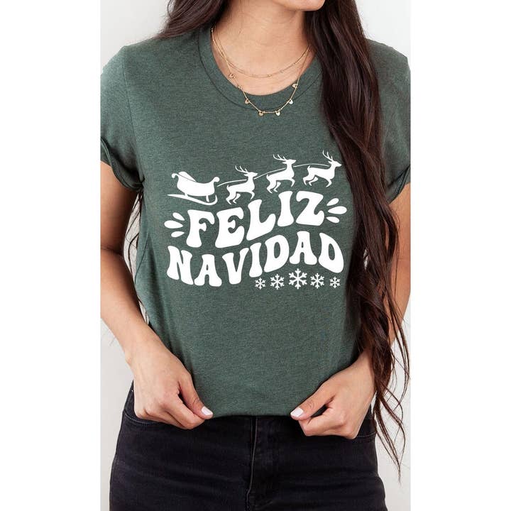 Kissed Apparel - Wholesale Screen Printed T-Shirt - Women's - Sleigh and Reindeer Feliz Navidad Graphic Tee7