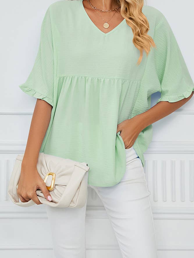 Plain V Neck Half Sleeves Chiffon Top HLL054 for wholesale by UNISHE