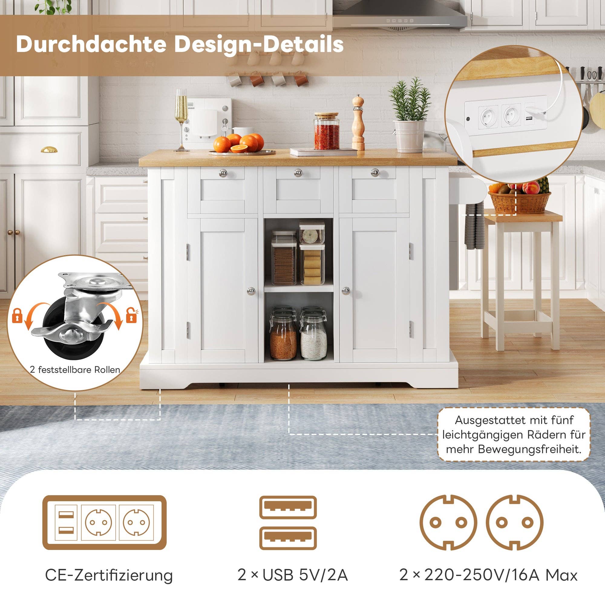 Urban Meuble - Wholesale Kitchen Storage/Organizer - White kitchen island with wood effect, extendable top, storage, and USB ports AMYLOPECT11