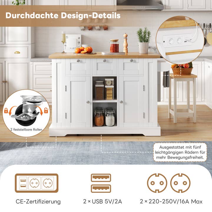 Urban Meuble - Wholesale Kitchen Storage/Organizer - White kitchen island with wood effect, extendable top, storage, and USB ports AMYLOPECT11
