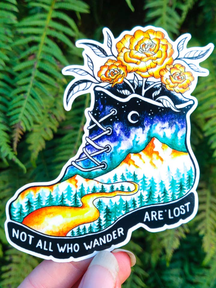 Not All Who Wander Are Lost - Pegatinas de vinilo - Botas de senderismo Naturaleza Bosque Luna bruja Floral Montaña Camping al aire libre Acuarela para venta al por mayor de Crafted from Scratch