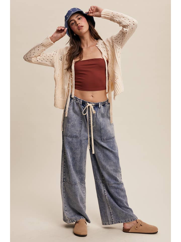 Listicle – Engroshandel Jeans - Dame – Vidbenede denimbukser med snøre i taljen8