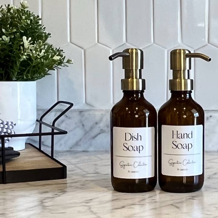 Blush Apothecary – wholesale Soap dispenser – 8-ounce Amber Glass Soap Dispenser Signature Label