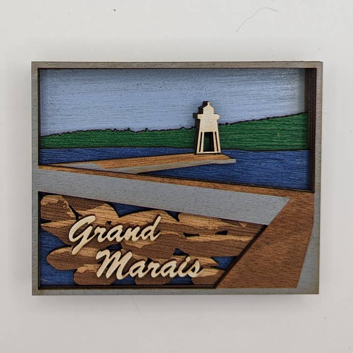 Layered Grand Marais Lighthouse Magnet 5" for wholesale by Knit and Nailed