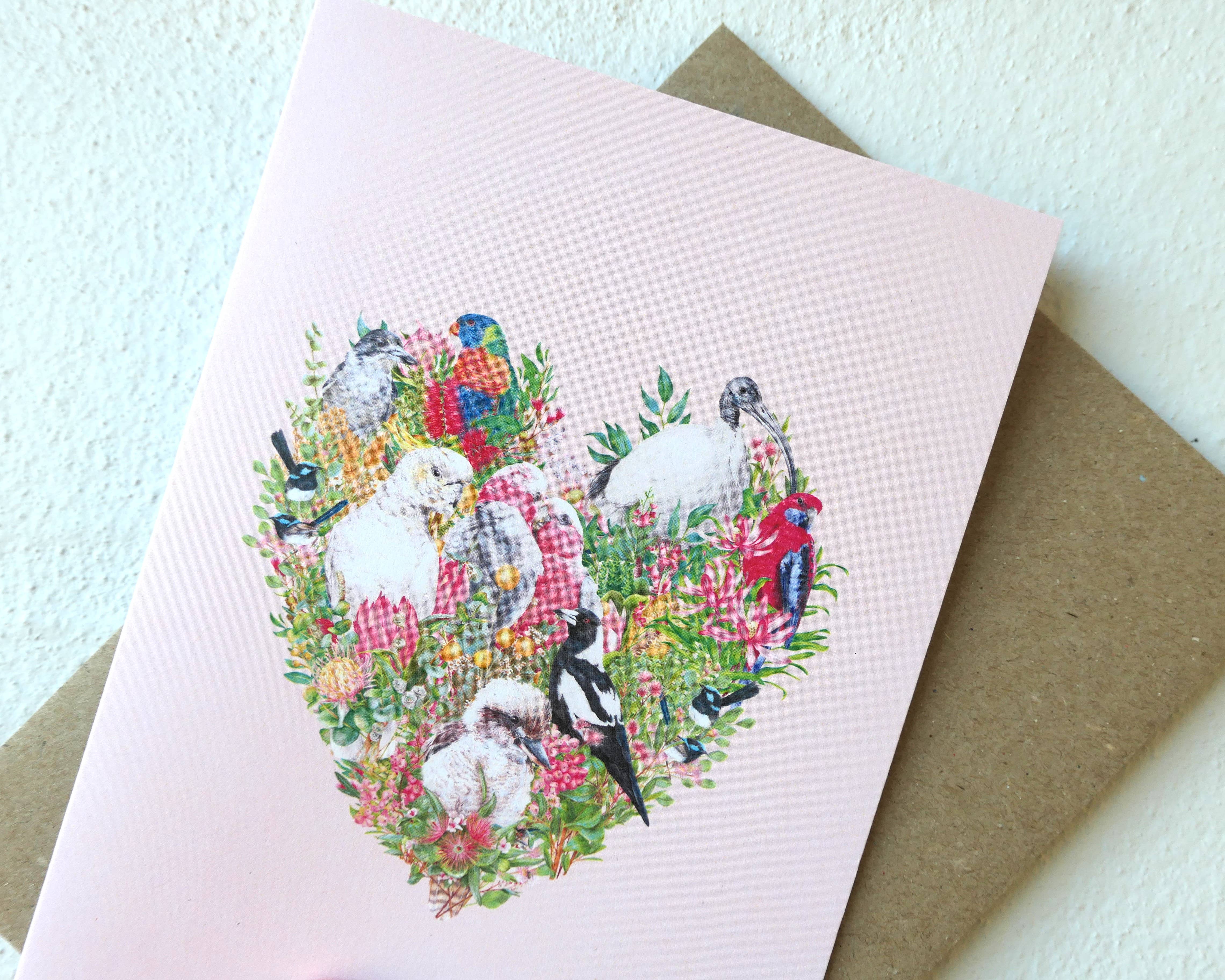 Kayla Reay Design - Wholesale Everyday Greeting Card - Australian Birds Heart Greeting Card (Pink Collection)3
