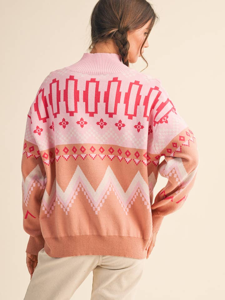 Burgundy Multi GEOMETRIC KNIT MOCK NECK HALF ZIP PULLOVER SWEATER MSW10885 for wholesale on Faire16