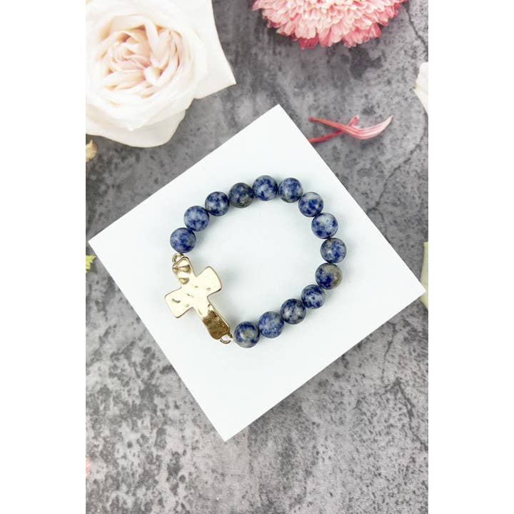 JHP Collection - Wholesale Beaded Bracelet - RELIGIOUS HAMMERED CROSS NATURAL STONE BRACELET