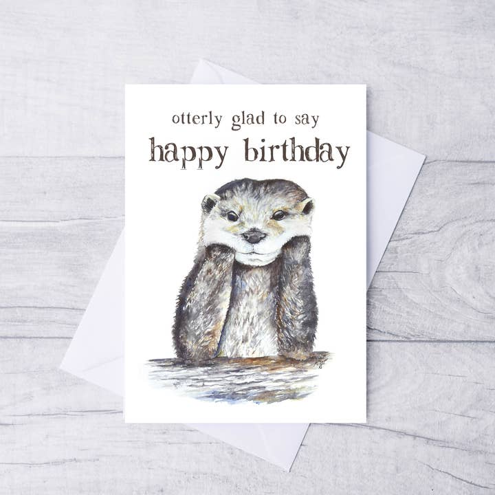 Cute Otter Watercolor Folded Happy Birthday Card ~ Kids for wholesale by Art Reflects Light