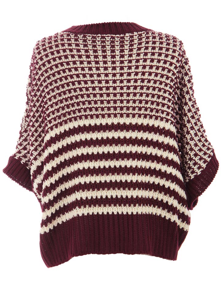 Suhkasana - Wholesale Knit Sweater - Women's - Red Striped Slouchy Knit Sweater with 3/4 Draped Sleeves17