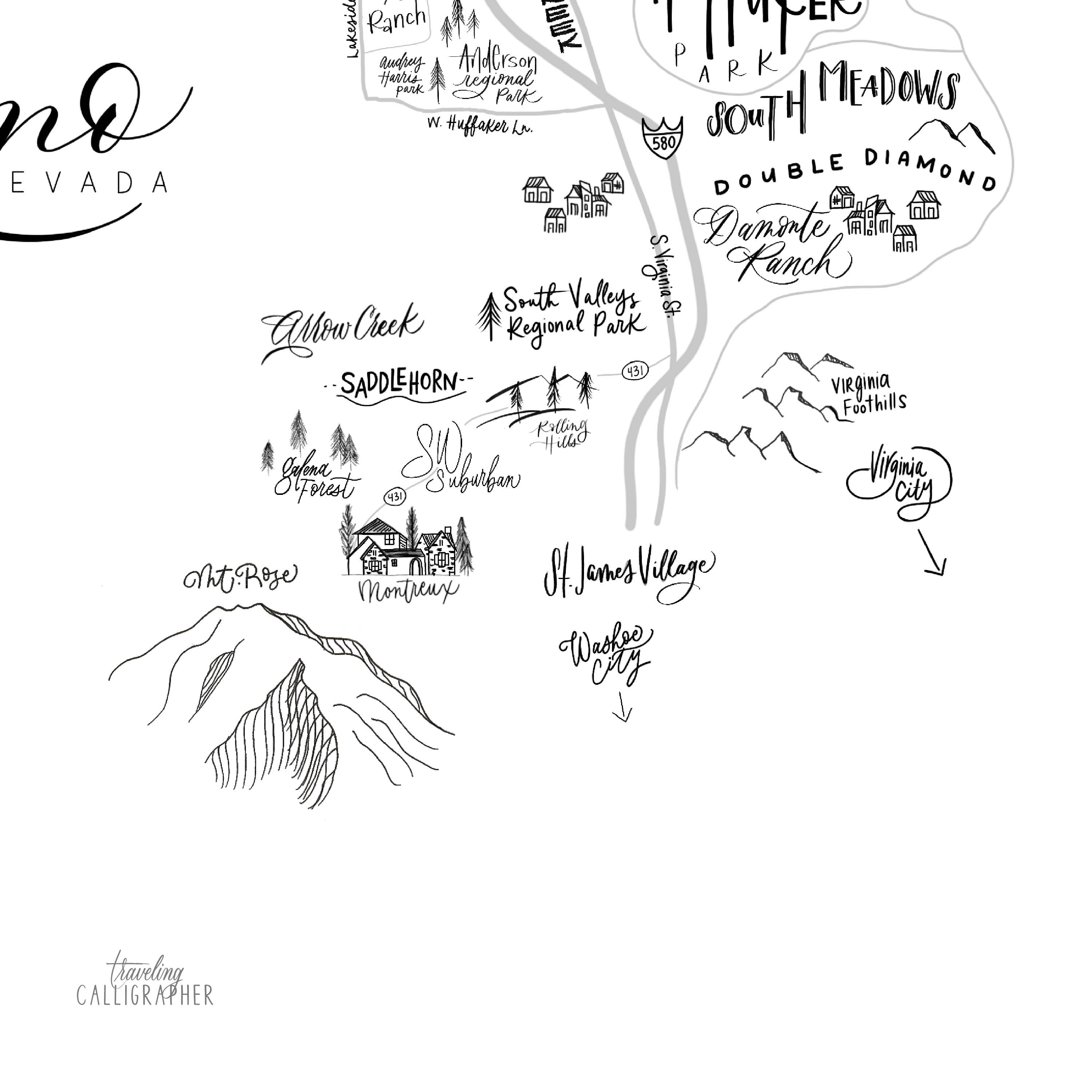 Traveling Calligrapher – Großhandel Kunstdruck – Reno, NV Neighborhood Kartendruck (3 Größen erhältlich)4