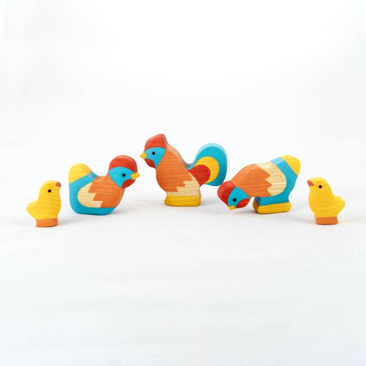 Waldorf Wooden Rooster with Chickens Set painted- 5 pieces for wholesale by PoppyBabyCo