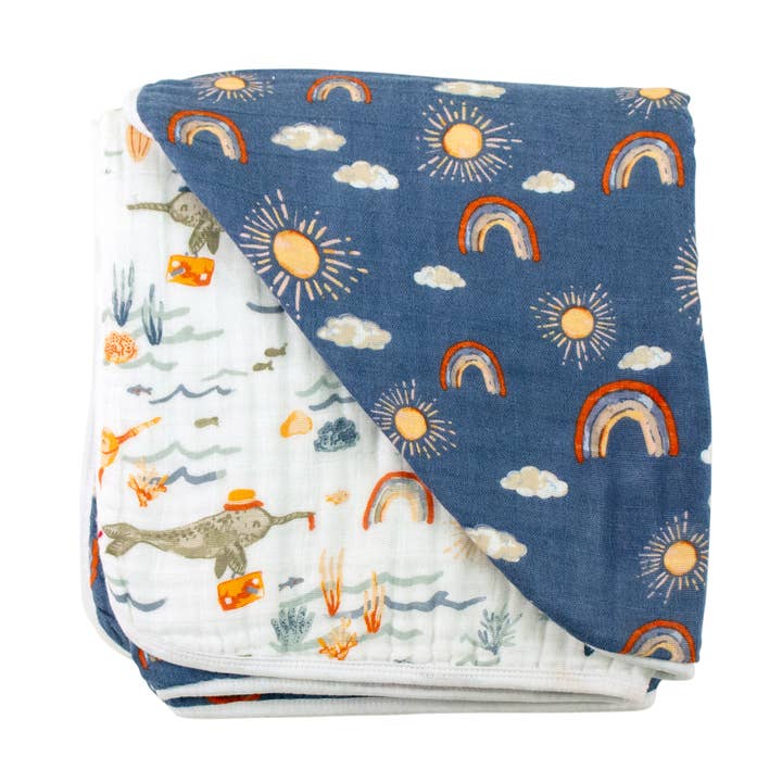 Narwhal + Hello Sunshine Classic Muslin Snuggle Blanket for wholesale by Bebe au Lait