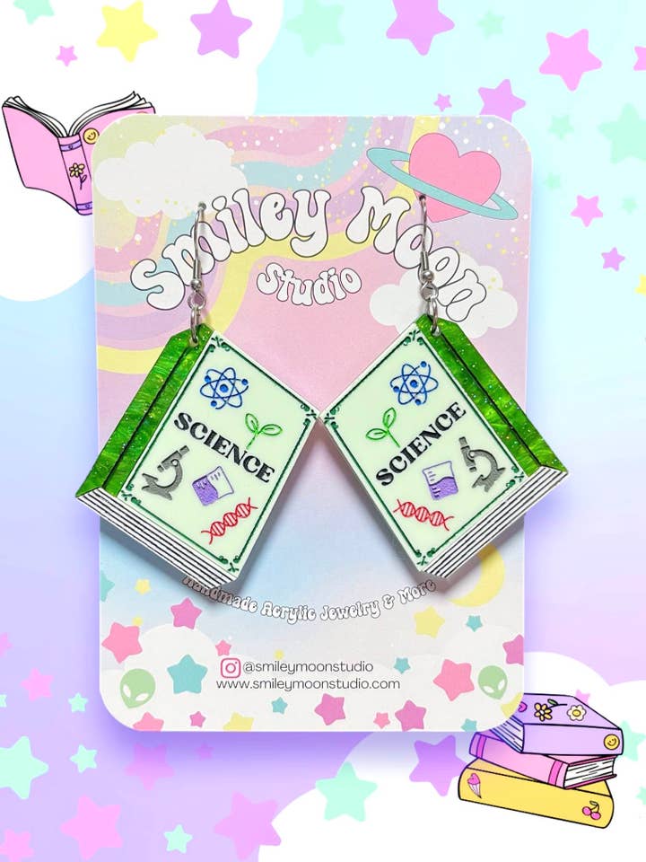 Science Book Earrings for wholesale by Smiley Moon Studio