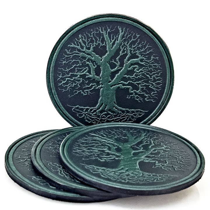 Leather Coaster Set, Tree of Life, 2 Colors for wholesale by Oberon Design