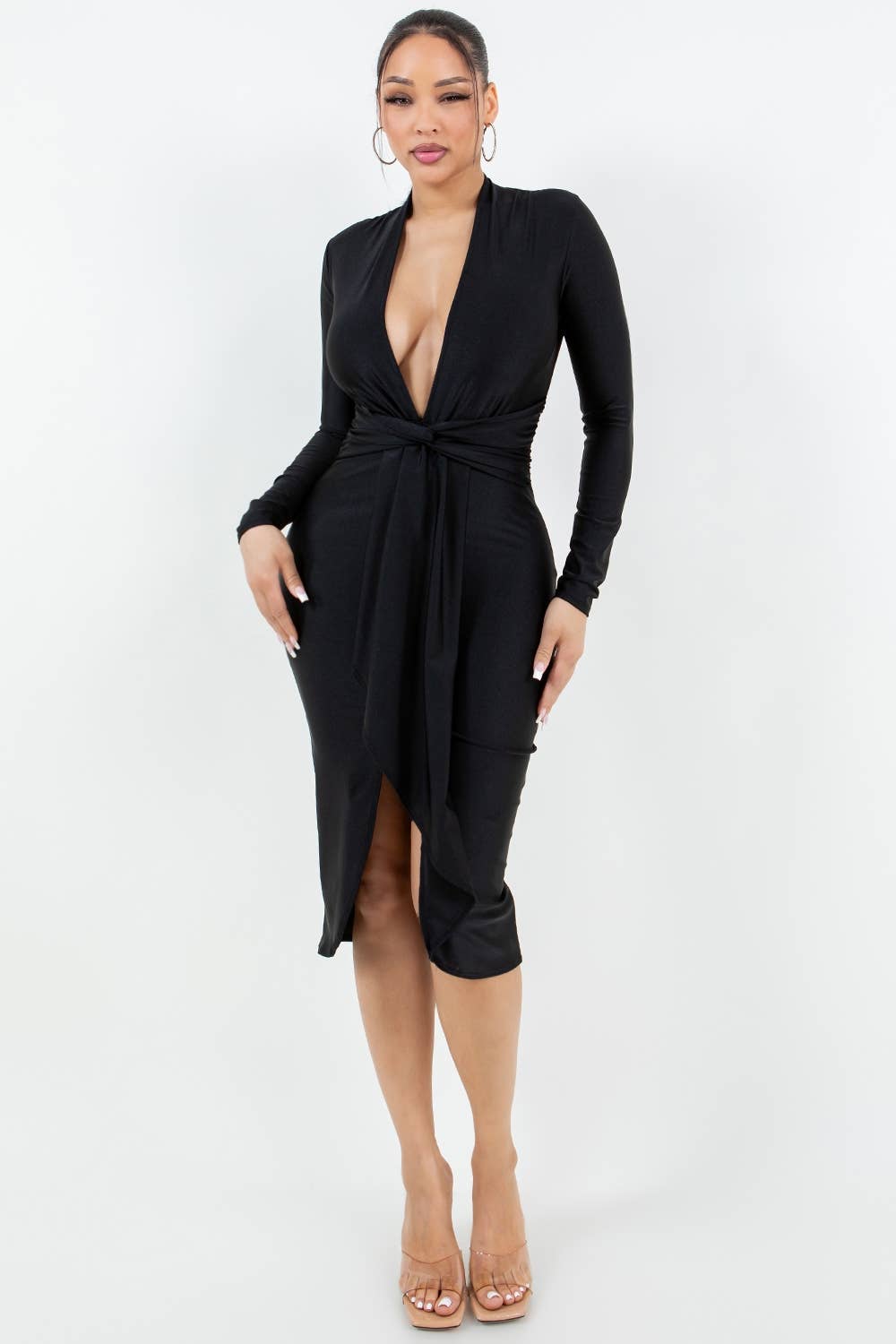 Uptown Apparel - Vente Robe – femme - ROBE EN TRICOT BRILLANTE AVEC VOLANT FRONTAL0