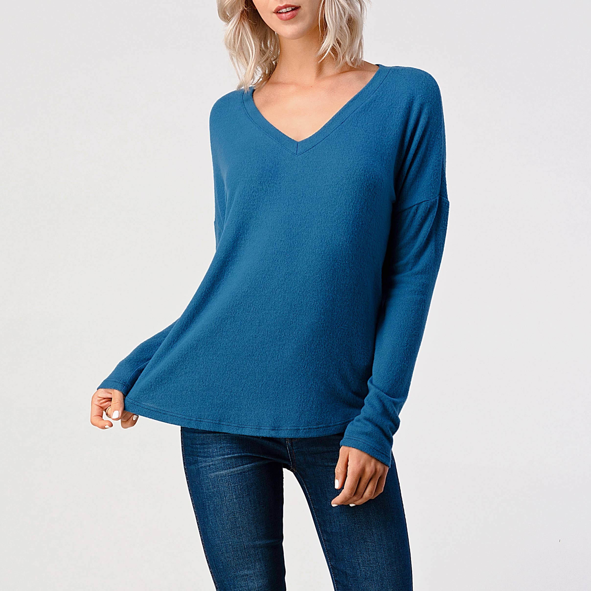 Heimious - Wholesale Knit Top - Women's - Long Sleeve V-neck Brushed Knit Top, 273842