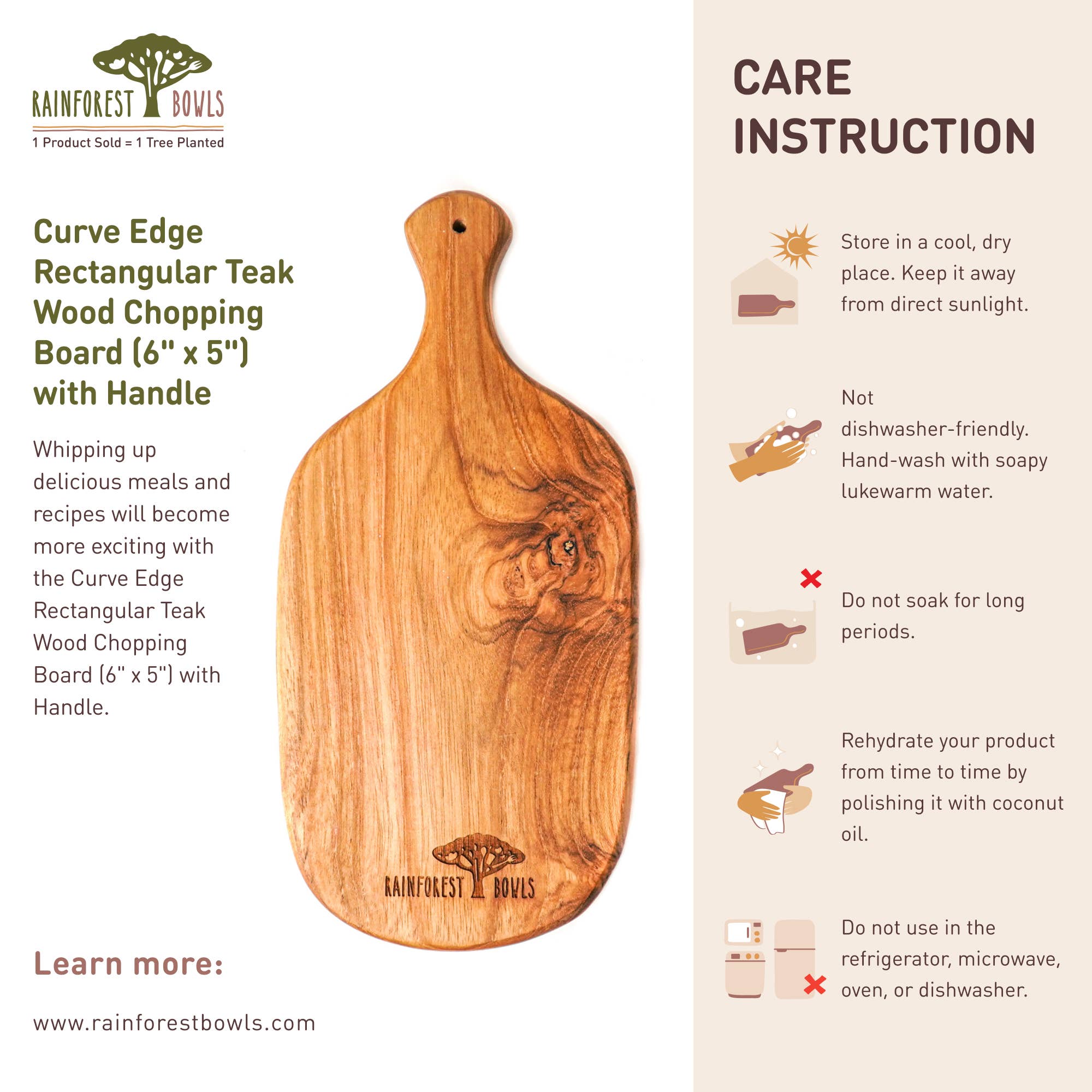 Rainforest Bowls - Wholesale Cutting Board - Curve Edge Rectangular Teak Wood Chopping Board (6" x 5")8