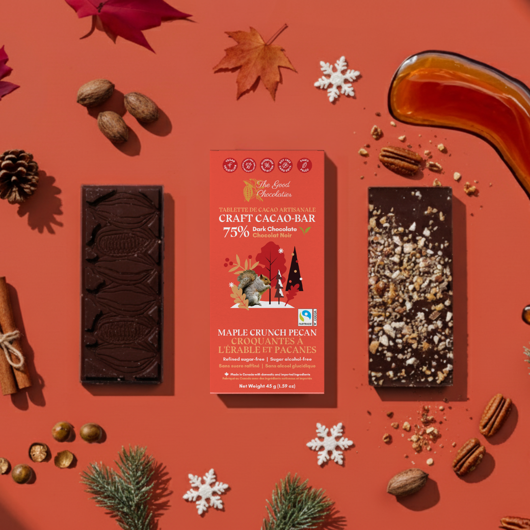 The GOOD Chocolatier – Barra de chocolate por atacado – The GOOD Chocolatier Maple Crunch Pecan 75% - Chocolate Vegano com Noz-Pecã e Xarope de Bordo1