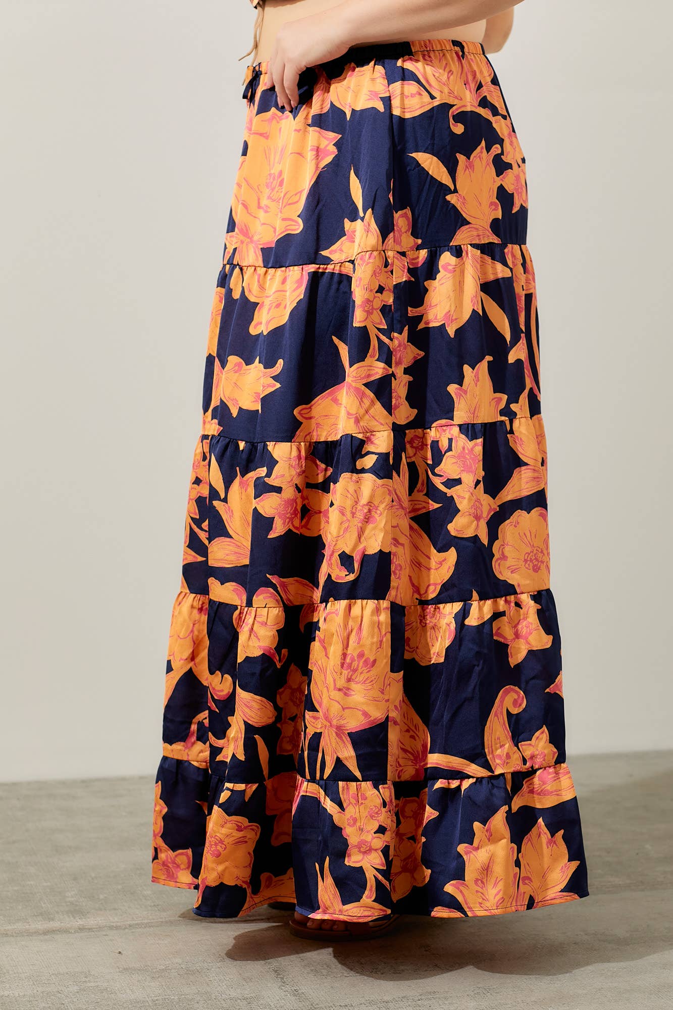 NAVY MULTI SATIN TIERED MAXI SKIRT for wholesale on Faire2