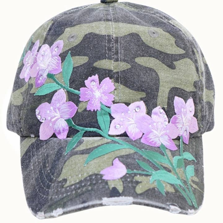 Olive & Pique - Wholesale Baseball Cap - Women's - Floral Embroidered & Bejeweled Trucker Cap, Adjustable