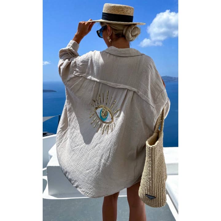 E2 Beige Oversized Evil Eye Gauze Cotton Button Shirt for wholesale by LOOWIE
