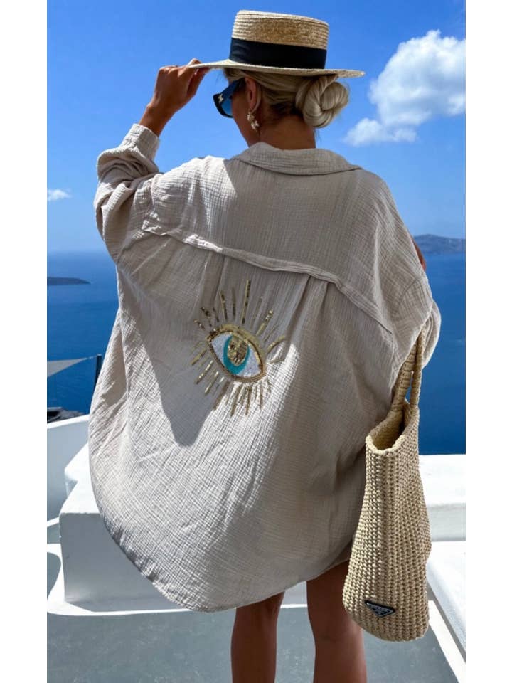 LOOWIE - Wholesale Button Down Shirt - Women's - E2 Beige Oversized Evil Eye Gauze Cotton Button Shirt