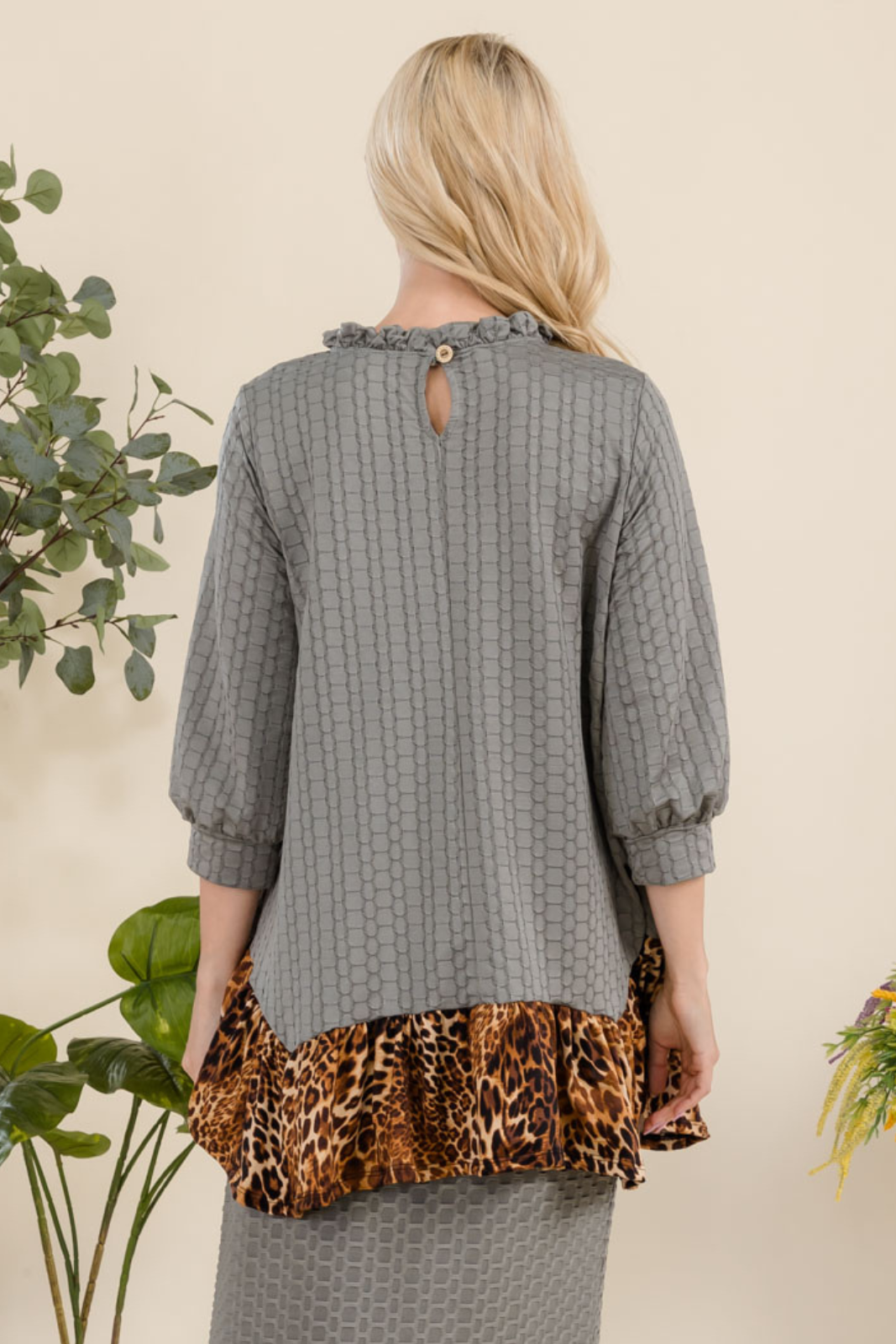 Celeste Clothing - Wholesale Tunic - Women's - HONEYCOMB TUNIC WITH ANIMAL PRINT HEMLINE -MT43916
15