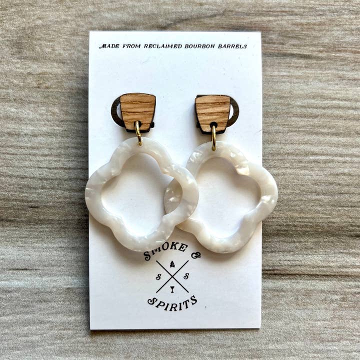 Smoke & Spirits - Wholesale Dangle Earrings - Bourbon Barrel & White Quatrefoil Tortoise Acrylic Earrings0
