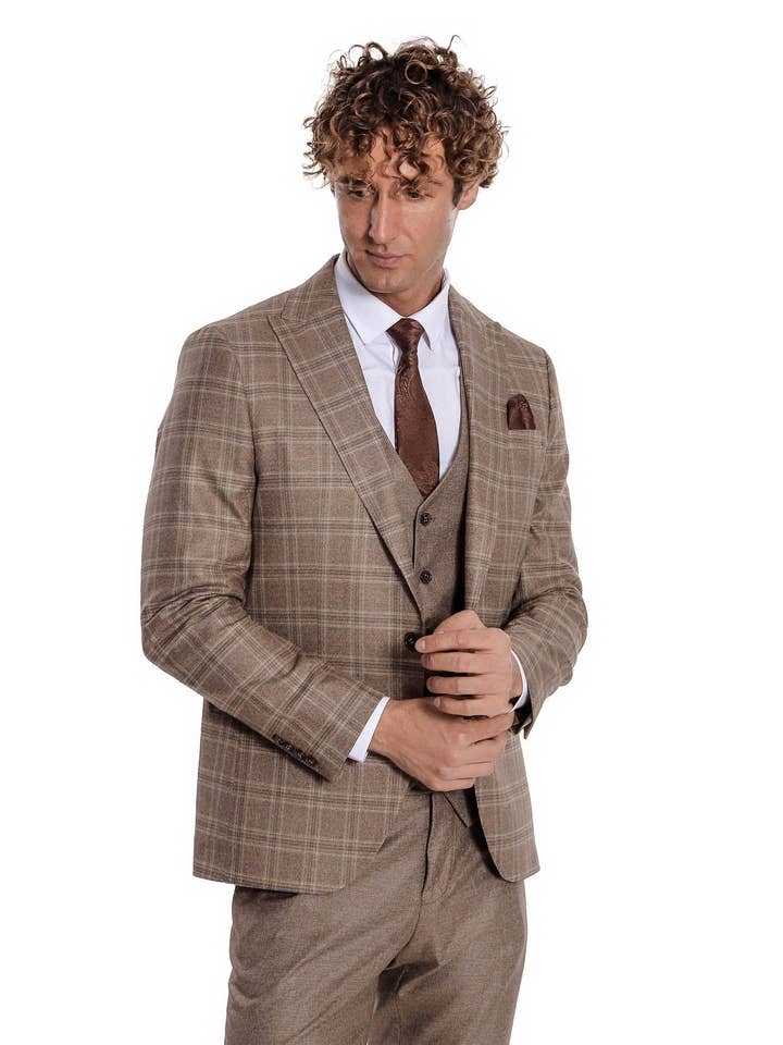 Brun Kontrolleret Slim Fit Lysebrun Herre Jakkesæt - Spids Revers for engroshandel på Faire6
