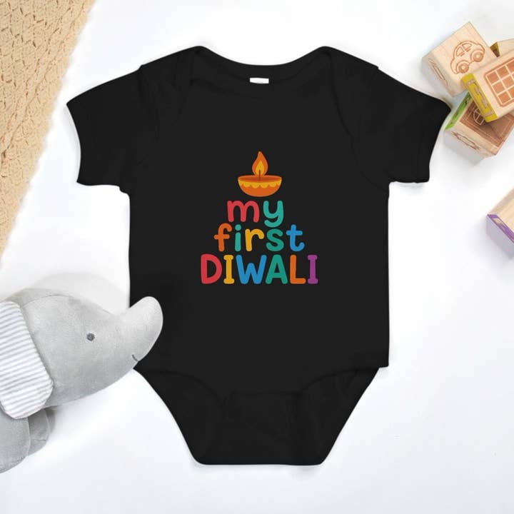 "My First Diwali" Baby Onesie - Black for wholesale by Smriti Designs Gift Shop