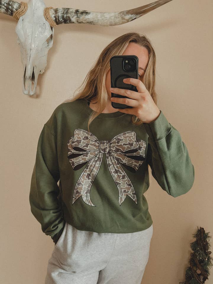 Camo Bow Crewneck for wholesale by Rustic Runaway LLC
