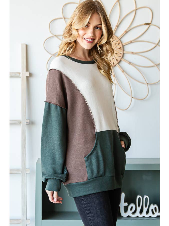 7th Ray - Wholesale Knit Top - Women's - Color Block Front Pocket Oversized Long Sleeve Top T534512