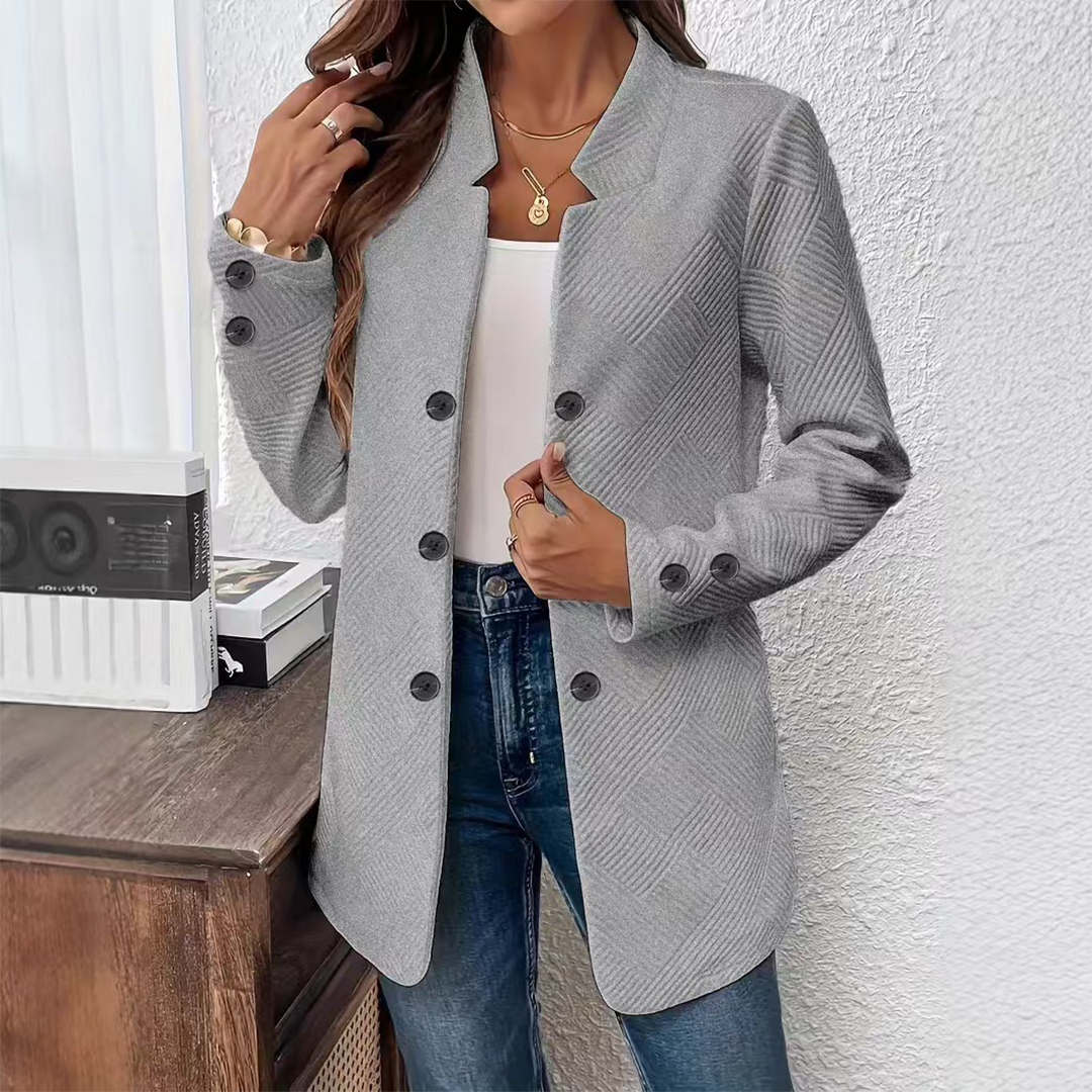UNISHE – Blazer - Mulher por atacado – Blazer de Manga Comprida com Decote em V e Botões Duplos Cor Sólida ZK36485