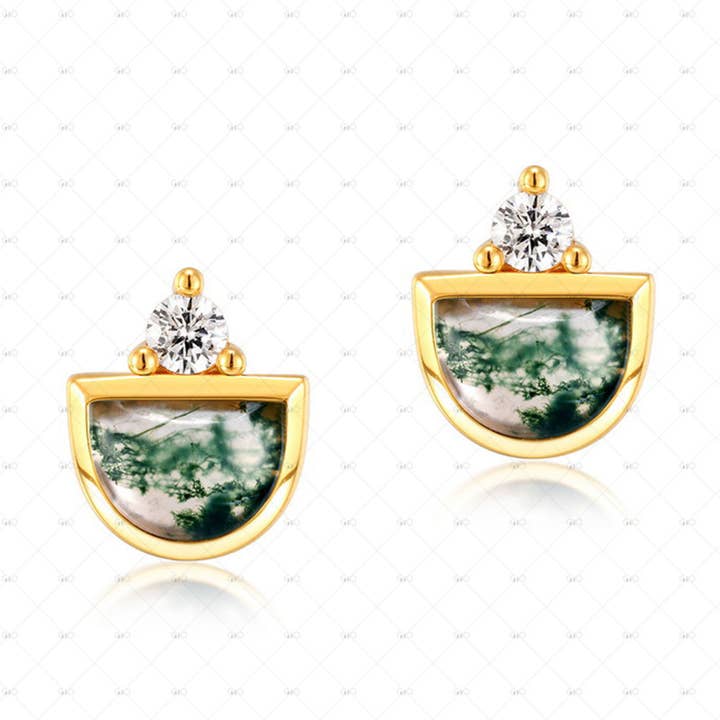 S925 Sterling Silver Geometric Moss Agate Stud Earrings for wholesale by Gioiellin - S925 Silver Jewelry