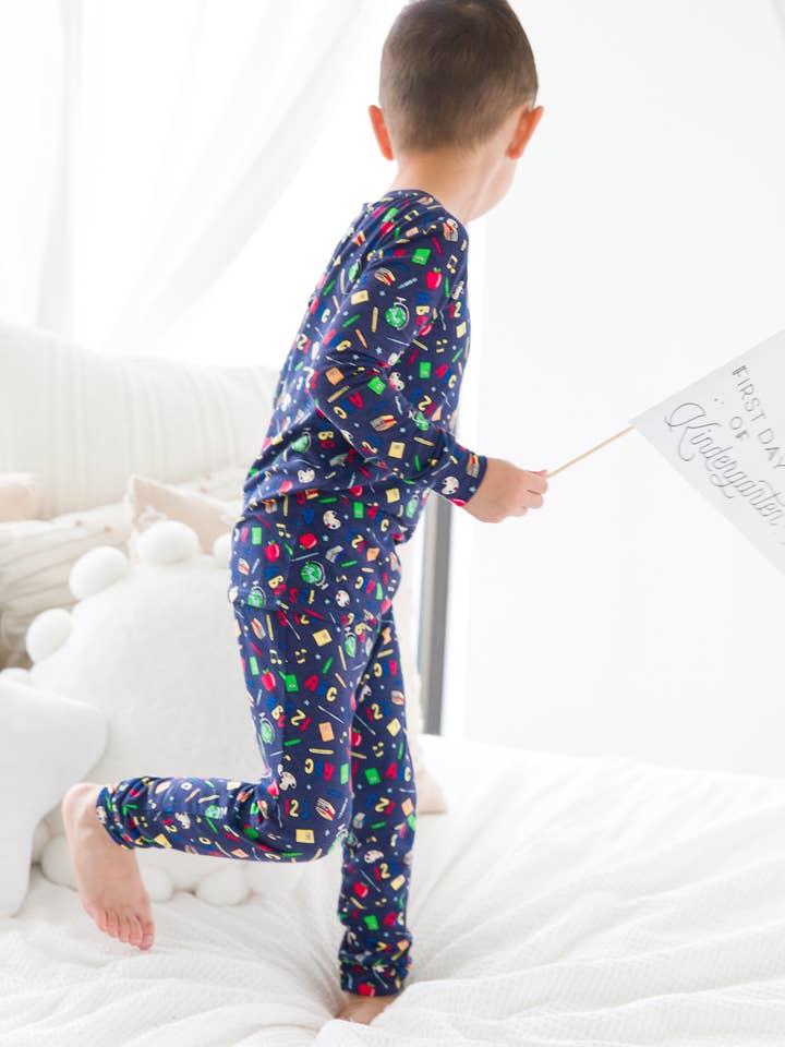 Navy Boys Back To School Bamboo Viscose Long Sleeve Pajama Set for wholesale on Faire