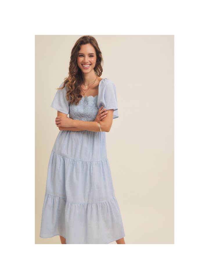 in february - Wholesale Dress - Women's - TIERED FLORAL CROCHET MIDI DRESS WITH FLUTTER SLVS