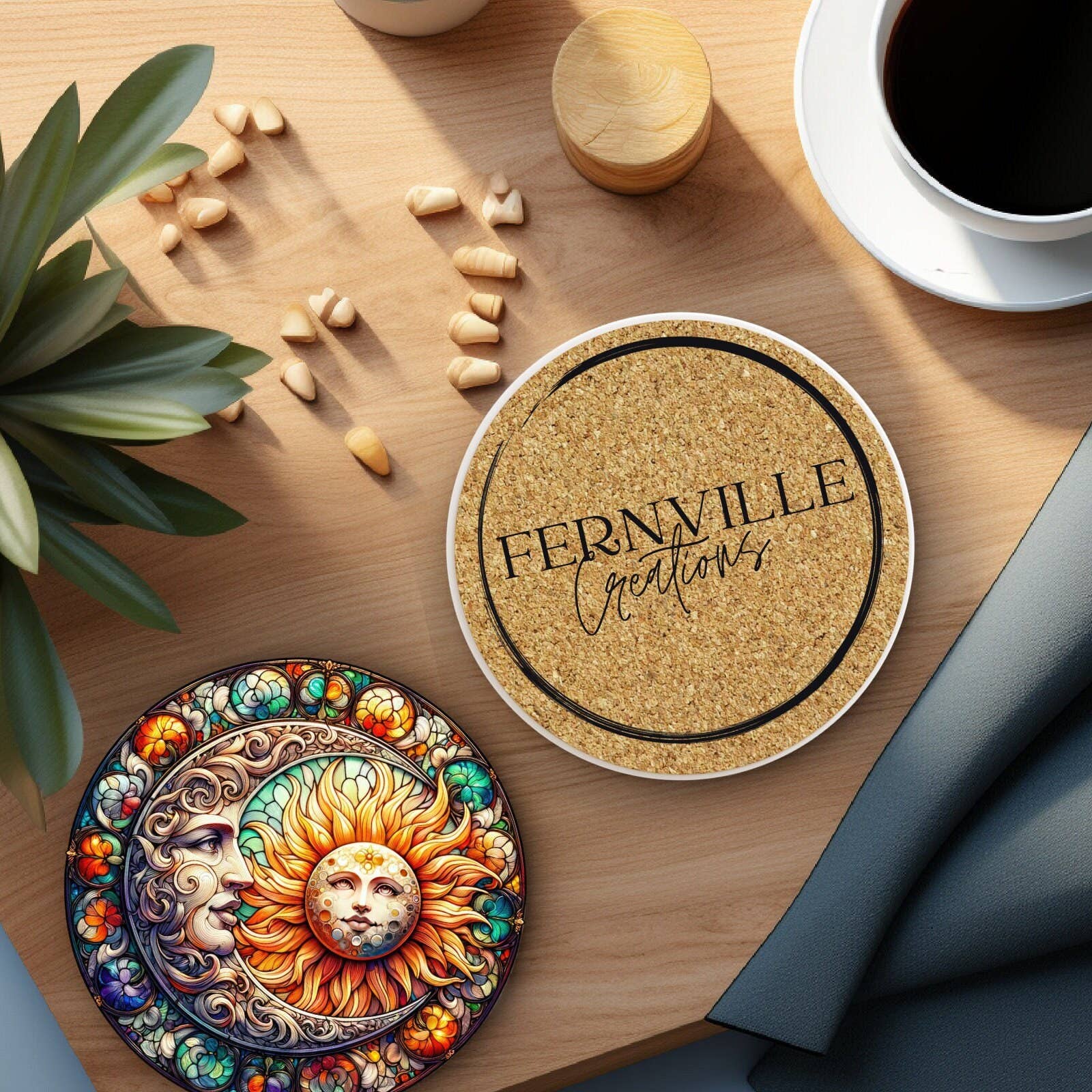 Fernville Creations - Vente Sous-verre - Sous-verre céleste en céramique Soleil et Lune avec base en liège5