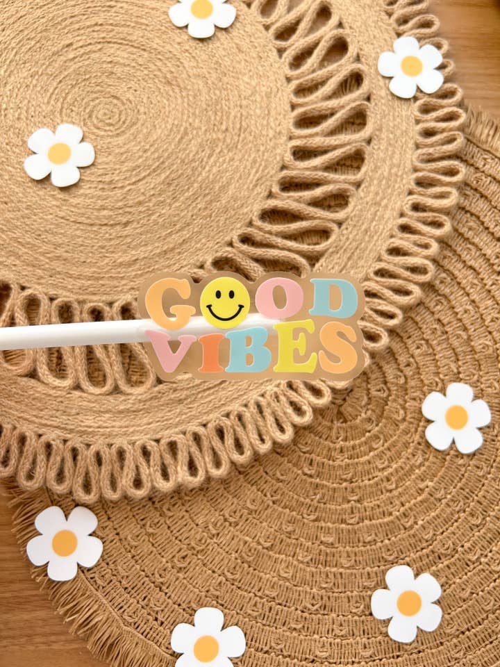 Good Vibes Retro Clear Waterproof Vinyl Sticker for wholesale by Koll Designs