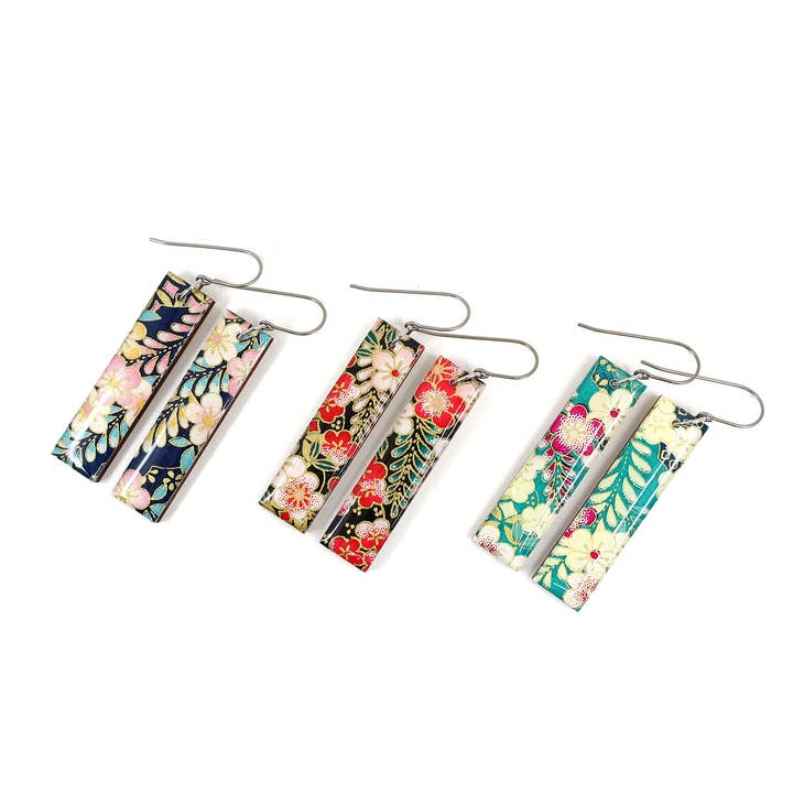 autumn + tree - Wholesale Dangle Earrings - Teal floral Chiyogami long bar earrings with titanium hooks