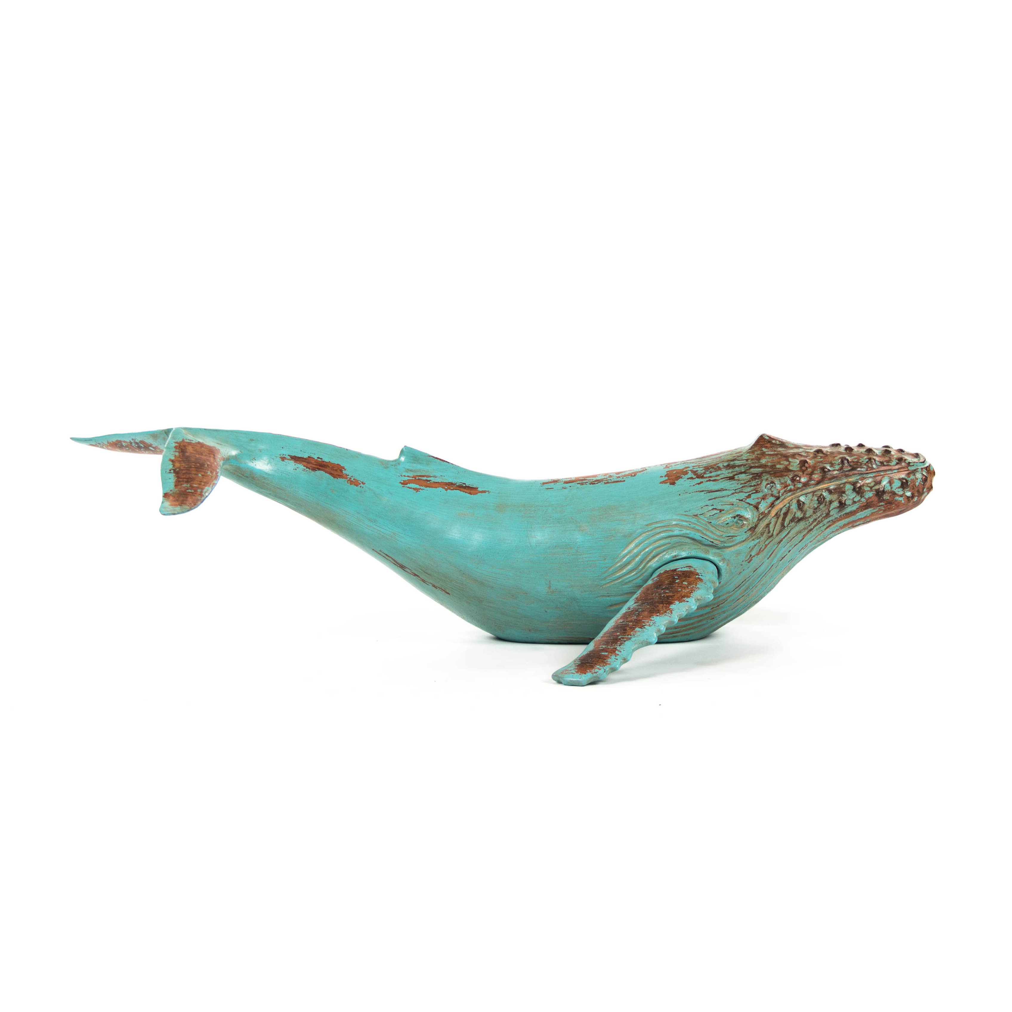 Distressed Turquoise and Brown Humpback Whale Sculpture for wholesale on Faire0
