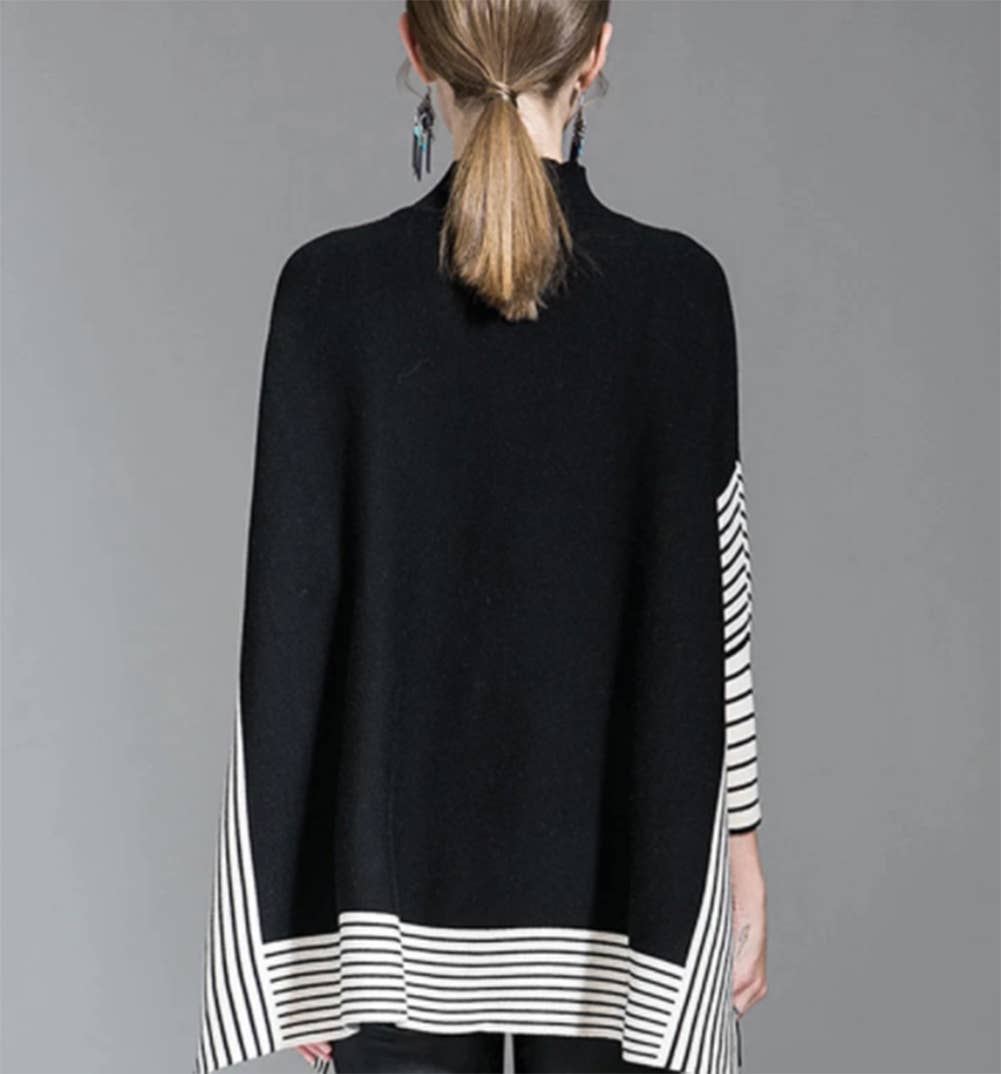 Fennco Styles – wholesale Poncho - Dam – Randig stickad pullover med fladdermusärm poncho-tröja11