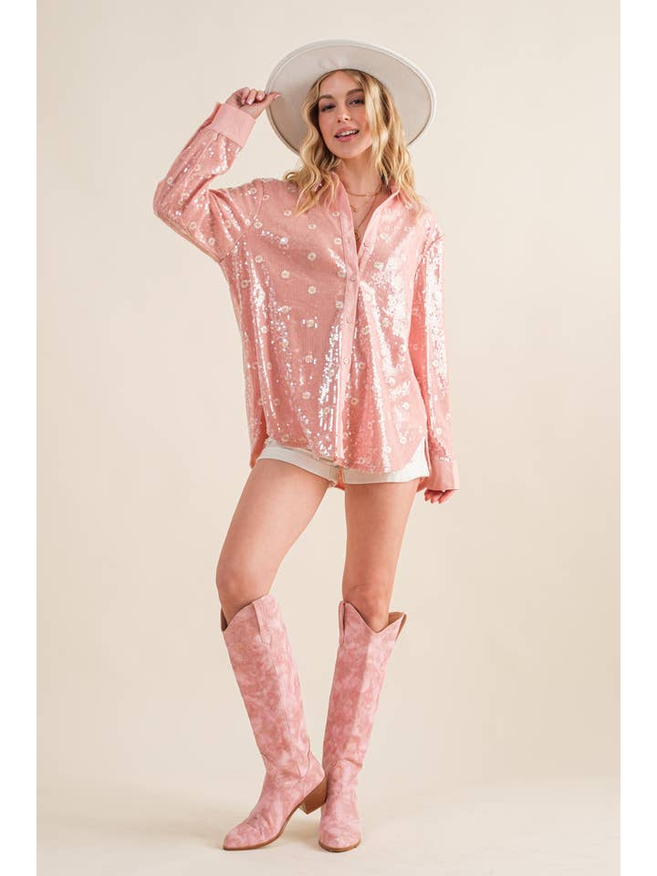 PEACH 34063T - Sequin Ditsy Flower Embroidered Button Up Shirt for wholesale on Faire