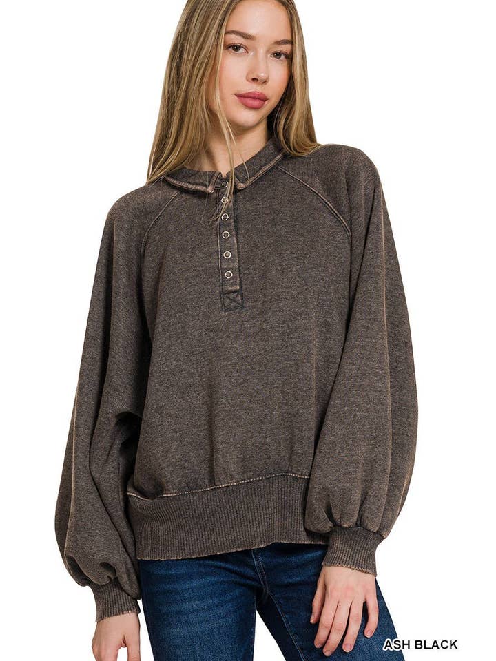 Vanilla Monkey - Wholesale Sweatshirt - Women's - Acid Wash Fleece Button Up Collared Pullover