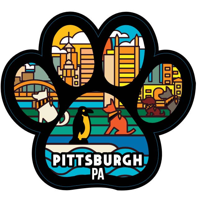 Pittsburgh Skyline Paw Print Penguin Sticker for wholesale by Toni Unleashed