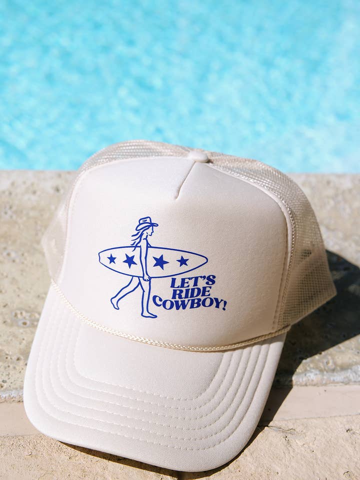 Let's Ride Cowboy- Tan Foam Trucker Hat for wholesale by Ruby Moon