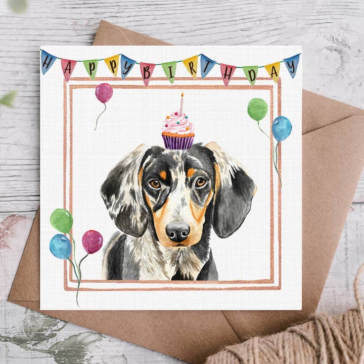 Sølv Dapple Gravhund Fødselsdag Card for engroshandel hos Cloud Jellybean Art