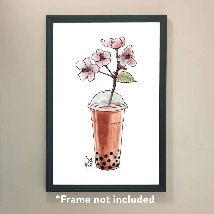 Stampa artistica con fiori di Sakura in Bubble Tea per la vendita all'ingrosso da parte di Lee McGuire Art