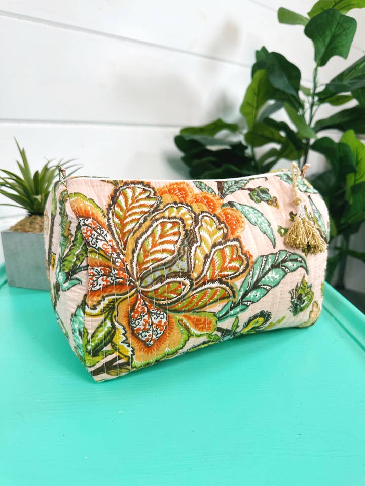 Quilted Makeup Bag | Cosmetics Toiletry Bags | Botanical for wholesale by Folklore Couture